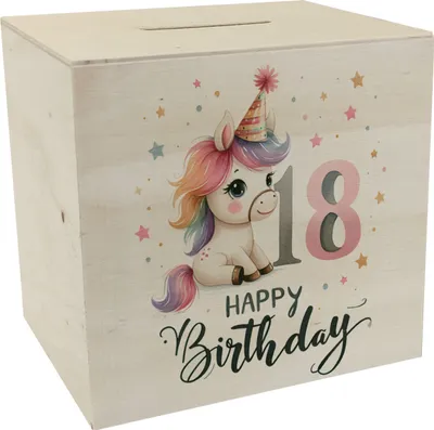 Produktbild von 18. Geburtstag mit niedlichem Pferd Spardose aus Holz mit Spruch Happy Birthday
