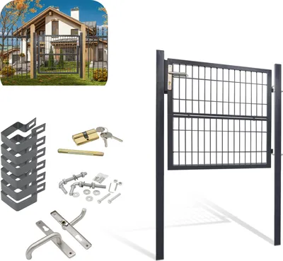 A collage showing a garden gate in use and its components.