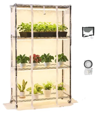 Image de Étagère à plantes VEVOR avec lampe de culture, support à 4 niveaux avec couvercle transparent, minuterie et hygromètre, lampes à spectre complet 180 W, étagère à fleurs pour plantes d'intérieur 90 x 35 x 150 cm