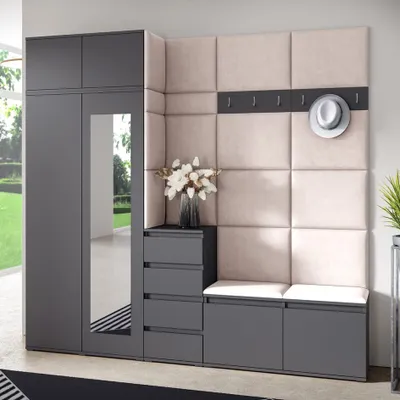 Produktbild von Garderoben-Set BERLIN – Kleiderschrank mit Polsterplatten, Schuhschrank und Schrankaufsatz 90 cm, für Flur und Eingangsbereich (Graphite,Trinity 01)