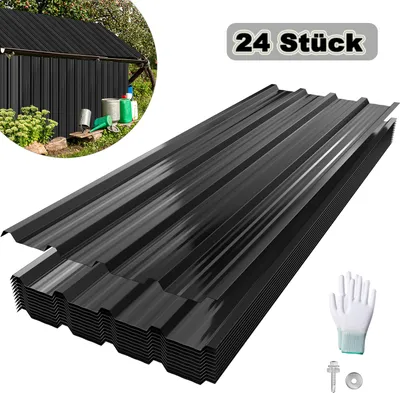 Produktbild von UISEBRT 24x Trapezblech Metall Dachplatten für 14 m², Stahlblech Profilblech für Carports, Gerätehäuser und Dächer, Wellenprofil Dachblech - Schwarz