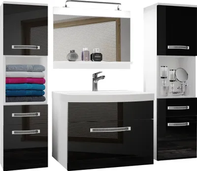 Produktbild von BELINI Badmöbel Vollausstattung Set Waschbeckenschrank, 2x Hochschrank, Waschbecken, Spiegel, Lampe (Schwarz, Glänzend)