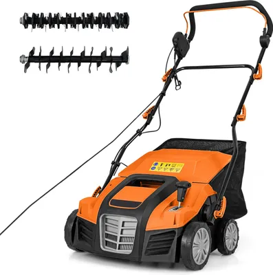 Produktbild von Elektrischer 2-in-1-Vertikutierer & Rasenlüfter, mit 40 cm Arbeitsbreite, 3-stufiger Höhen- sowie 5-stufiger Schnitttiefe, mit 55-l-Fangsack, Orange