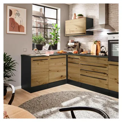 Produktbild von Moderner Eckschrank für die Küche mit Arbeitsplatte in Anthrazit und Artisan Eiche Optik - Geräumiger Eck-Unterschrank mit viel Stauraum - 115 x 90 x 60 cm (B/H/T)