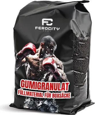 A black bag of granular filling material for boxing bags, featuring an image of a boxer.