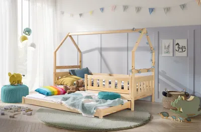 Produktbild von KEF LILY Kinderbett 80x180 cm Hausbett für Zwei Kinder Bodenbett aus Holz Babybett mit Zwei Matratzen Jugendbett Naturbelassen