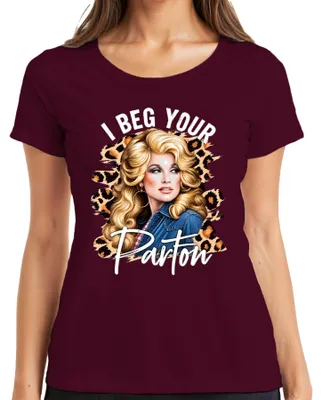 Imagen del producto de Camiseta para mujer, estilo retro, con la imagen de Dolly, la icónica cantante de música country "I Beg Your Parton", color burdeos, talla XL