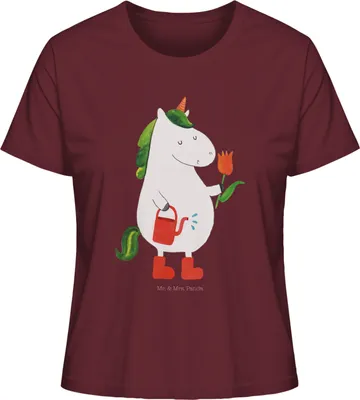 Produktbild von Mr. & Mrs. Panda damen shirt Einhorn Gärtner Größe M - Burgundy - Geschenk, Gießkanne, Einhörner, Oberteil, Kurzarmshirt, Unicorn, Blume, Baumwoll T-Shirt, Garten, Frauen