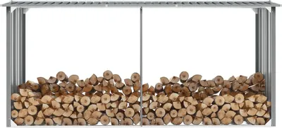A firewood storage rack filled with logs, shown against a white background.