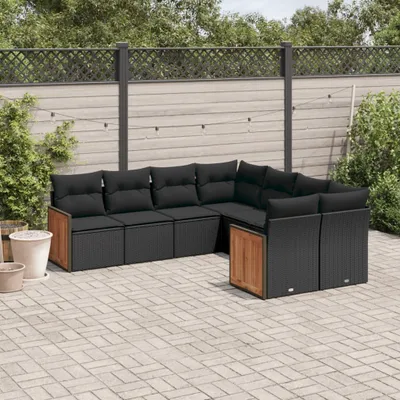 Produktbild von Design 8-tlg. Garten-Sofagarnitur mit Kissen Schwarz Poly Rattan, Gartenmöbel-Sets 2024 Neu