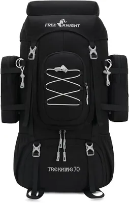 Produktbild von PolkaHome® 70L (65+5) Wasserabweisender Wanderrucksack mit Regenhülle, Outdoor-Sportrucksack für Reisen, Klettern, Camping, Schwarz,