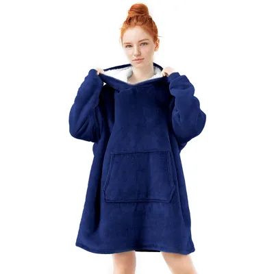 Produktbild von Unyqoos® Zoem Fleece-Decke mit Ärmeln – Snuggle Hoodie, Oversized, Dunkelblau, 280 GSM, 100% Polyester-Fleece, Unisex, 1 Stück