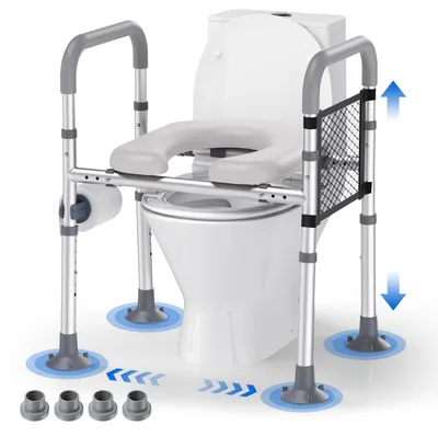 Produktbild von Toilettensitzerhöhung - Toilettenstützrahmen - Belastbar bis 150 kg - Höhenverstellbar - Gepolsterter Sitz - Zusammenklappbar - Edelstahl - Weiß