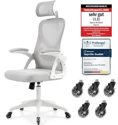 Productafbeelding van Ergonomische bureaustoel met hoofdkussen – Netstof bureaustoel, draagvermogen 200 kg, wit