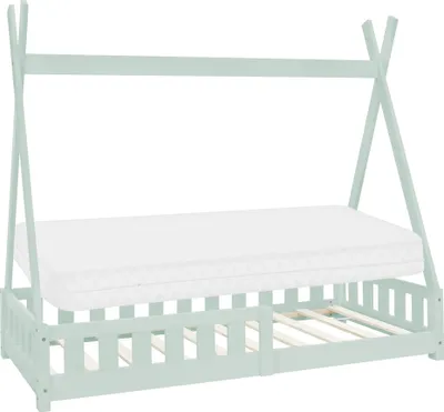 Obrázek produktu pro ML-Design dětská postel tipi 80x160 cm s matrací, ochranou proti vypadnutí a lamelovým roštem, z borovicového dřeva, mátově zelená, domácí postel s plotem podlaha postel dřevěná postel