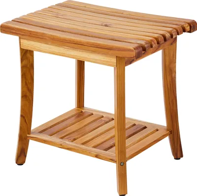 A wooden shower bench with a shelf.