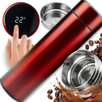Produktbild von Thermobecher Thermosbecher 500 ml mit LED Temperaturanzeige Edelstahl Rot Kaffee Becher Isolierflasche