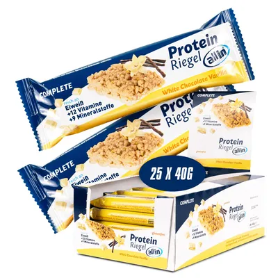 Produktbild von all in® COMPLETE Protein Riegel White Chocolate & Vanilla 25x 40g | Eiweiss Protein Snack | Mahlzeitenersatz | Protein Riegel