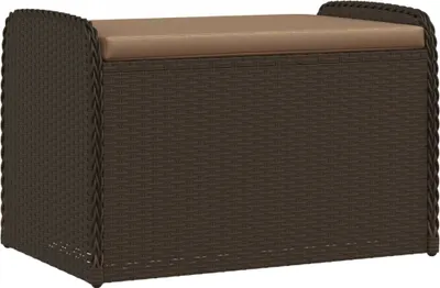 A brown woven storage bench with a tan cushion.