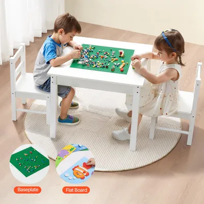 Immagine prodotto di Tavolo per bambini VEVOR 650 x 650 x 532 mm, tavolo per attività e 2 sedie, tavolo per costruzioni 150 kg, piano bifacciale, tavolo da gioco in legno con vano portaoggetti, regalo per bambini a partire da 3 anni, bianco