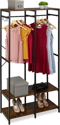 Produktbild von Relaxdays Garderobe, offen, Kleiderschrank, Ablagen & Stange, HBT: 180x94,5x40 cm, Kleiderständer, Metall, schwarz/braun