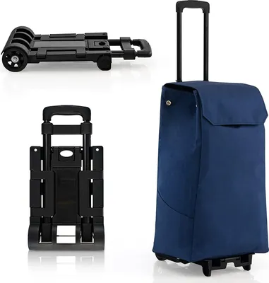 A collage showing a blue shopping trolley in different states: fully assembled, folded, and a close-up of its frame.