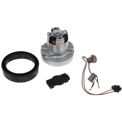 A vacuum cleaner motor and associated parts are laid out on a white background.