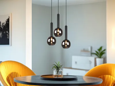 Produktbild von LED Pendelleuchte Industrial 3 flammig Rauchglas-Kugeln Ø 45 cm über Esstisch