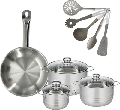 Image de Batterie de cuisine avec 3 faitouts 16/20/24 cm et 1 poêle 28 cm avec 5 ustensiles de cuisine Fackelmann Etherna Brillant Vario