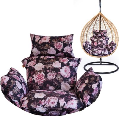 Hängesessel Kissen, Polster für Polyrattan / Rattan Hängeschaukel, Hängekorb, Schaukel Korb, Nur Kissen, Rückenkissen  - schwarz mit Rosen