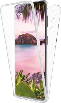 A transparent phone case is shown with a phone inside displaying a beach scene.
