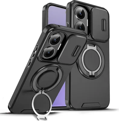 Two black phone cases with camera protection and ring stands are displayed against a white background.