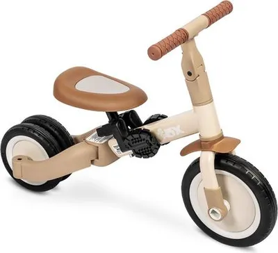 A beige and brown children's tricycle/balance bike on a white background.