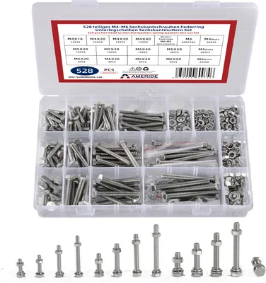 Produktbild von 528pcs Sechskantschrauben M4 M5 M6 Schrauben Muttern, Unterlegscheiden Sortiment, Edelstahl Silber