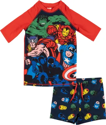 Produktbild von Marvel The Avengers Schwimmset UV-Schutz 30 für Jungen - Kinder Badeanzug Badeset Shirt und Hose Zweiteiler Blau/Rot 110-116