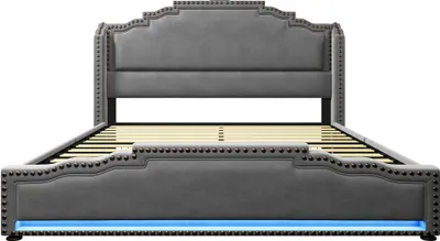 Produktbild von Doppelbett 140x200cm Ohne Matratze Grau Stauraumbett Jugendbett Mit LED Samt Gaestebett 4 Schubladen USB-C Ladeanschluss