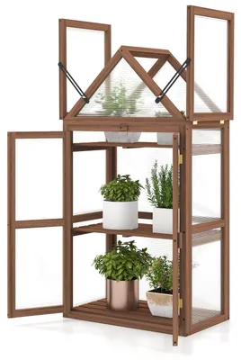 Productafbeelding van Mini-broeikas met 3 niveaus, houten broeikas met transparante dubbele deuren en een klapdak, ideaal voor tuin en balkon