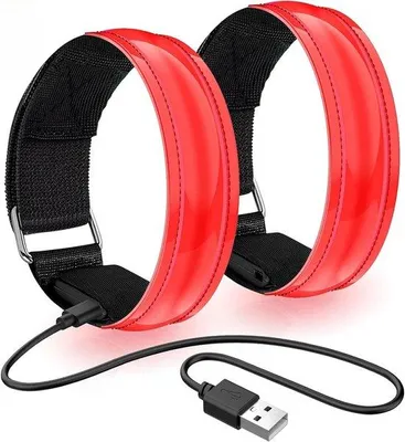 Produktbild von Unyqoos® wiederaufladbares LED-Sicherheitsarmband – USB-Lichtband, 2er-Set Rot, verstellbar 28,5–41 cm, 25 g, 3–5 Std. Leuchtdauer, Klettverschluss