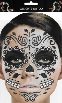 Produktbild von Gesichts Tattoo - Halloween Glitzer Aufkleber Set Day of Dead Klebetattoos Temporäre Tattoos Karneval, schwarz weiß