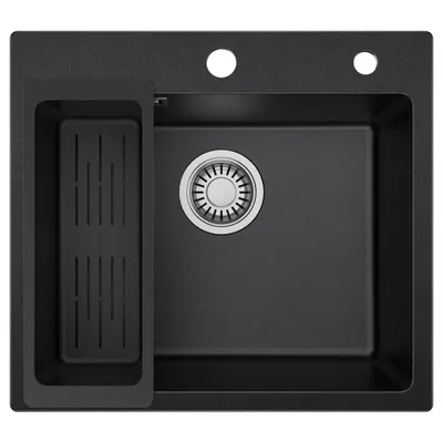 Produktbild von Küchenspüle, Schwarz, Granit, 50 x 45 cm, Einbauspüle, modern, rechteckig, Set mit 2 Wasserhahnlöchern, Waschbecken für Küche