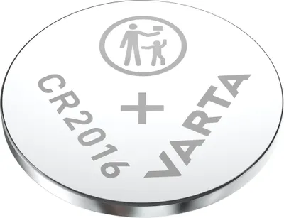 A close-up, studio shot of a VARTA CR2016 lithium coin cell battery.