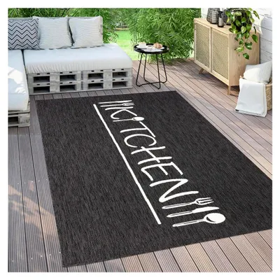Produktbild von Wetterfester Outdoor-Teppich für Wohnzimmer, Balkon und Küche, modernes Muster mit Schriftzug, Größe: 80x150 cm, Farbe: Anthrazit 2