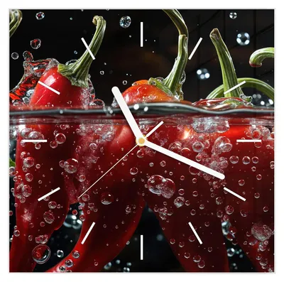 Produktbild von Wanduhr aus Glas mit Motiv Paprika im Wasser- 30 x 30 cm - inkl. Aufhängesystem