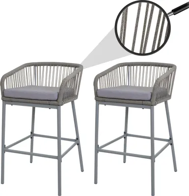 Imagen del producto de Juego de 2 taburetes de cuerda y metal modelo HWC-O22, marca Tresenhocker, para exteriores, con cojín para sentarse. Color: gris claro. Cojín: gris claro