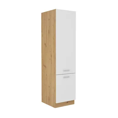 A tall kitchen cabinet with two doors and two drawers, shown against a white background.