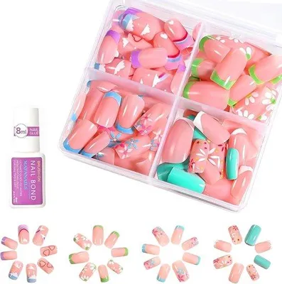 Produktbild von Kunstnagels für Kinder - Press-on-Nagels mit Blumen- und Punkt-Design - Kunststoffnagels für Mädchen - 96er Set