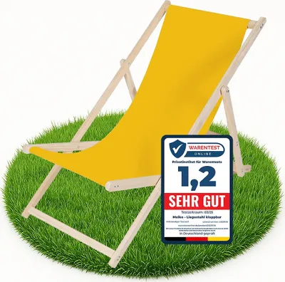 A yellow deck chair is placed on a circular patch of grass, with a marketing badge overlayed on the chair.