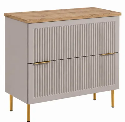 Produktbild von Badezimmerschrank stehend 80, gerillte Front 18 mm, Kaschmir + Platte helle Eiche, Griffe in zwei Farben, 80 x 46 x 73,6 cm, KI-generiertes Bild