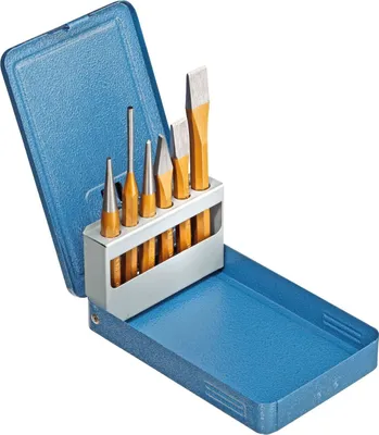 A set of punches and chisels in a blue metal case.