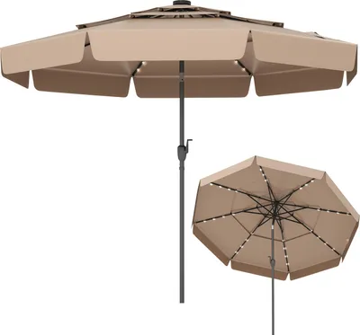 Immagine prodotto di Ombrellone KOMFOTTEU Ø300 cm con 32 luci a LED, ombrellone da giardino inclinabile a 35°, ombrellone da terrazza con manovella e balza, ombrellone da mercato per giardino, terrazza e spiaggia